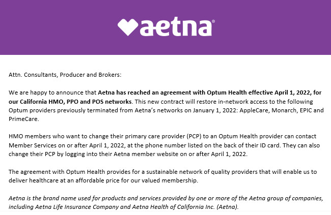 Aetna Network Update: Southern CA Negotiations with Optum