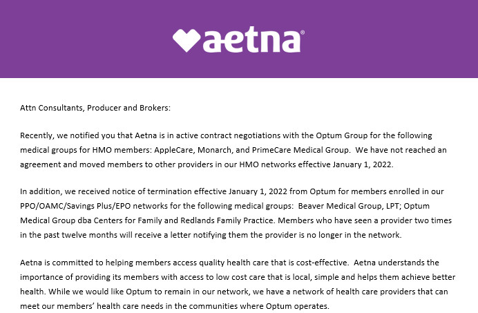 Aetna Provides Update on Optum Group Network Negotiations