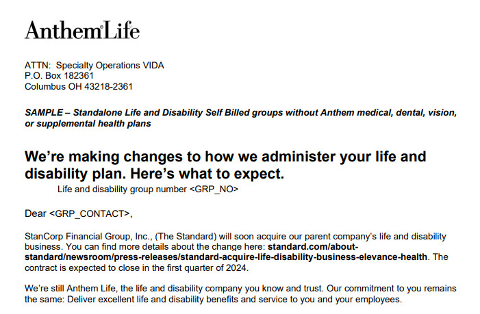 Anthem Is Changing Their Life and Disability Administration Platform In Preparation For The Standard's Acquisition
