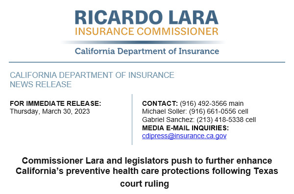 Commissioner Lara and Legislators Push to Further Enhance California’s Preventive Health Care Protections Following Texas Court Ruling