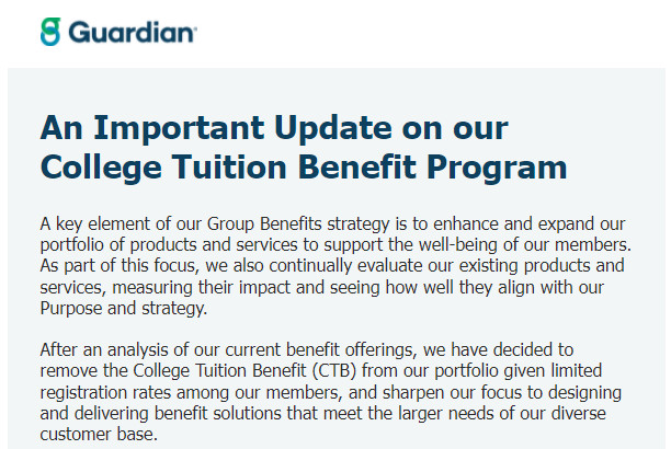 Guardian Provides Update on College Tuition Benefit Program