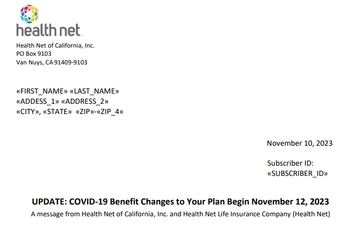 Health Net: Update to CA Commercial COVID-19 Benefit Change Member Notices