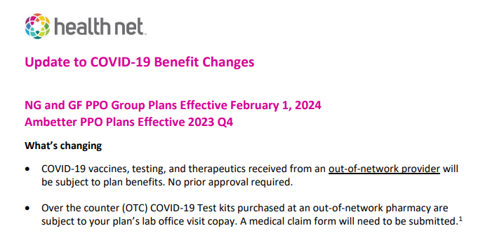 Health Net: Update to California COVID-19 Benefit Changes